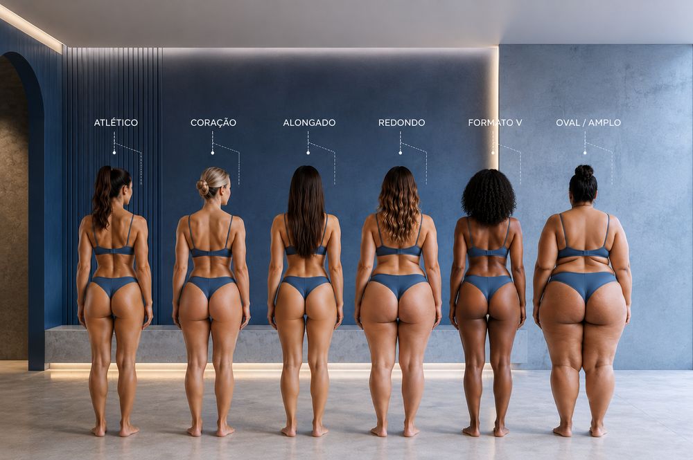 Seis formatos de glúteo (redondo, quadrado, em V, em A, arredondado e curvilíneo) avaliados no planejamento da lipoenxertia de glúteos