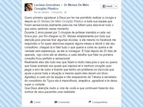 Depoimento sobre cirurgia plástica Luciana Gonçalves